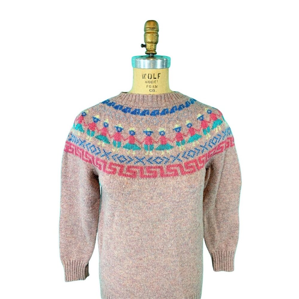 Vintage 80s Fair Isle Sweater Womens XS Pink People Metallic Novelty Pullover - Picture 4 of 10